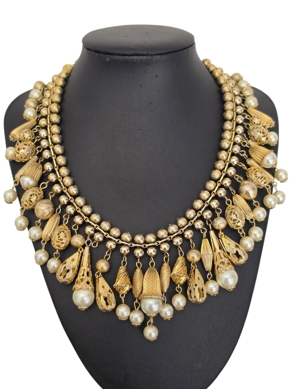 Vintage Boho Faux Pearl Filigree Charm Necklace Dangle Fringe Bib Statement 18"